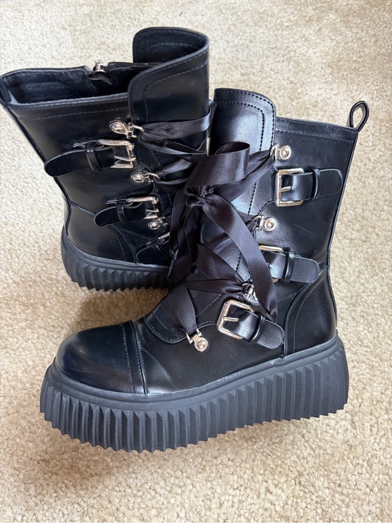 Vivianly Shoes - Vivianly Black Platform Lolita Zip Up Combat Boots with Ribbon Laces